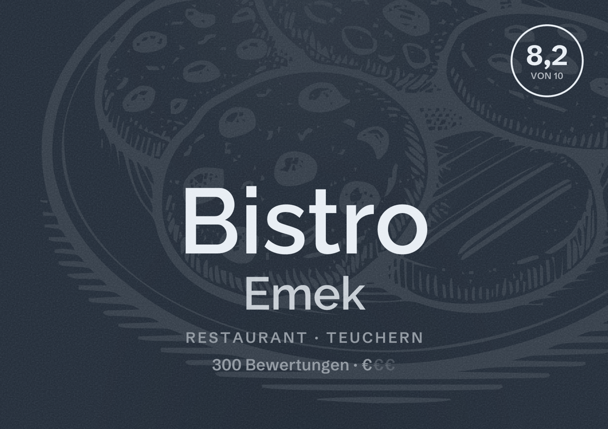 Illustriertes Poster von Bistro Emek, Restaurant in Teuchern: Bewertung 8,2 von 10 aus 300 Bewertungen, Preisniveau €