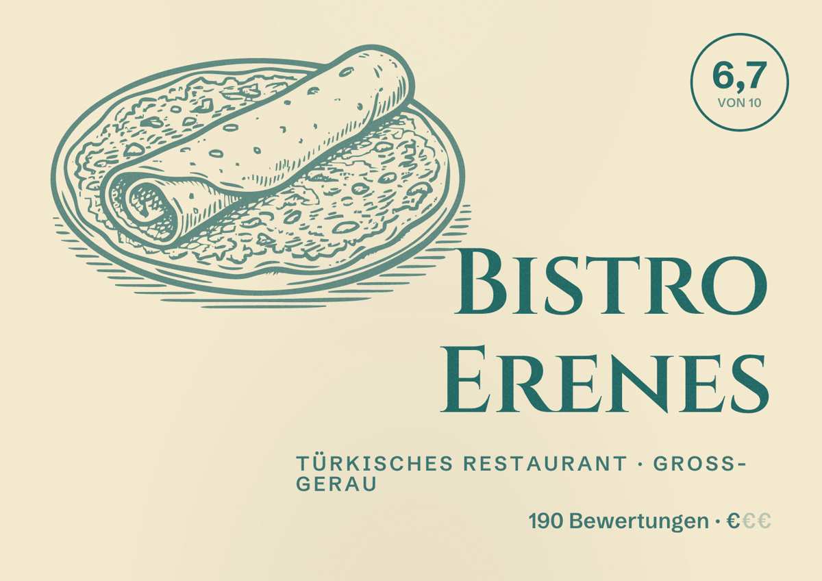 Illustriertes Poster von Bistro Erenes, Türkisches Restaurant in Groß-Gerau: Bewertung 6,7 von 10 aus 190 Bewertungen, Preisniveau €