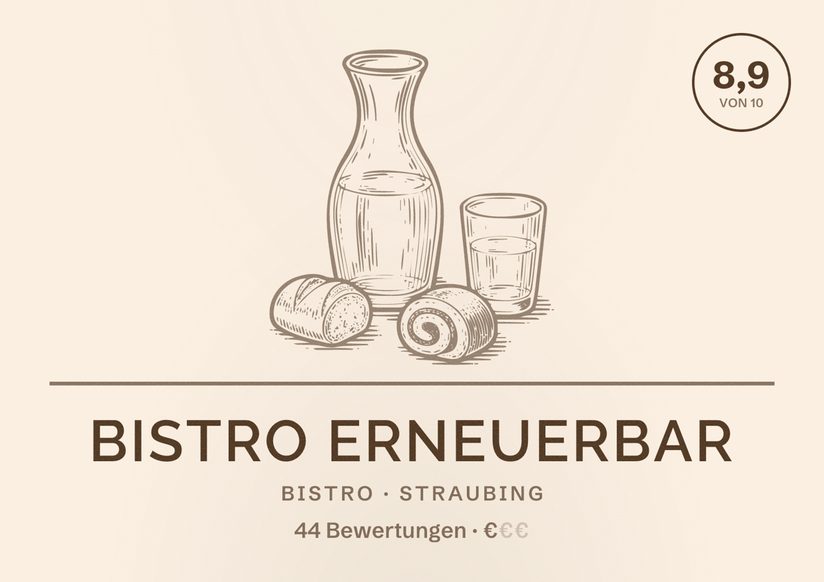 Illustriertes Poster von Bistro ErneuerBar, Bistro in Straubing: Bewertung 8,9 von 10 aus 44 Bewertungen, Preisniveau €