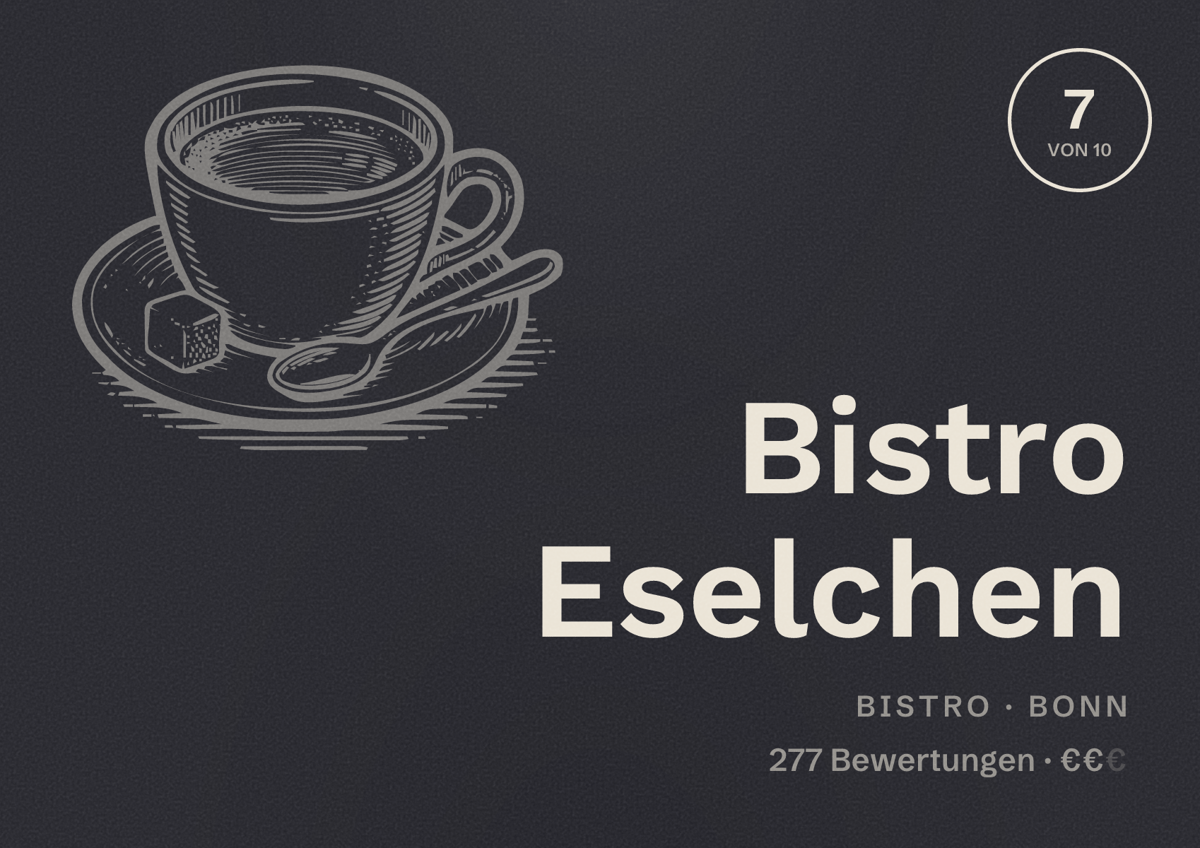 Illustriertes Poster von Bistro Eselchen, Bistro in Bonn: Bewertung 7 von 10 aus 277 Bewertungen, Preisniveau €€