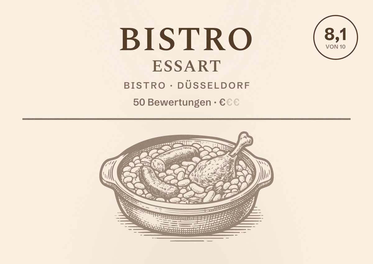 Illustriertes Poster von Bistro EssArt, Bistro in Düsseldorf: Bewertung 8,1 von 10 aus 50 Bewertungen, Preisniveau €