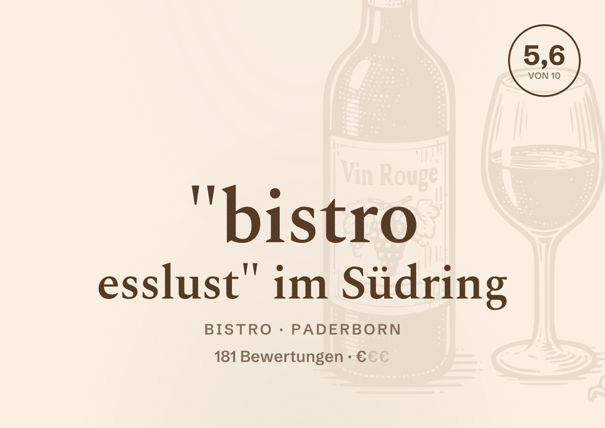 Illustriertes Poster von "bistro esslust" im Südring, Bistro in Paderborn: Bewertung 5,6 von 10 aus 181 Bewertungen, Preisniveau €