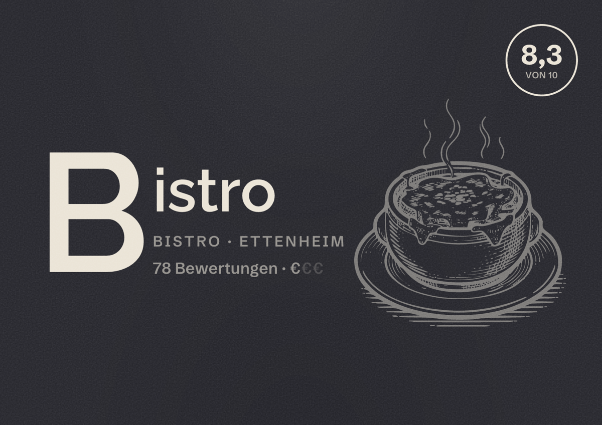 Illustriertes Poster von Bistro, Bistro in Ettenheim: Bewertung 8,3 von 10 aus 78 Bewertungen, Preisniveau €