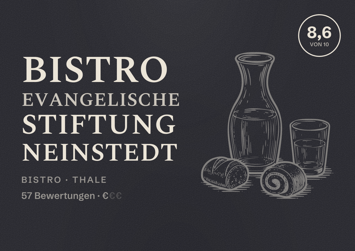 Illustriertes Poster von Bistro Evangelische Stiftung Neinstedt, Bistro in Thale: Bewertung 8,6 von 10 aus 57 Bewertungen, Preisniveau €
