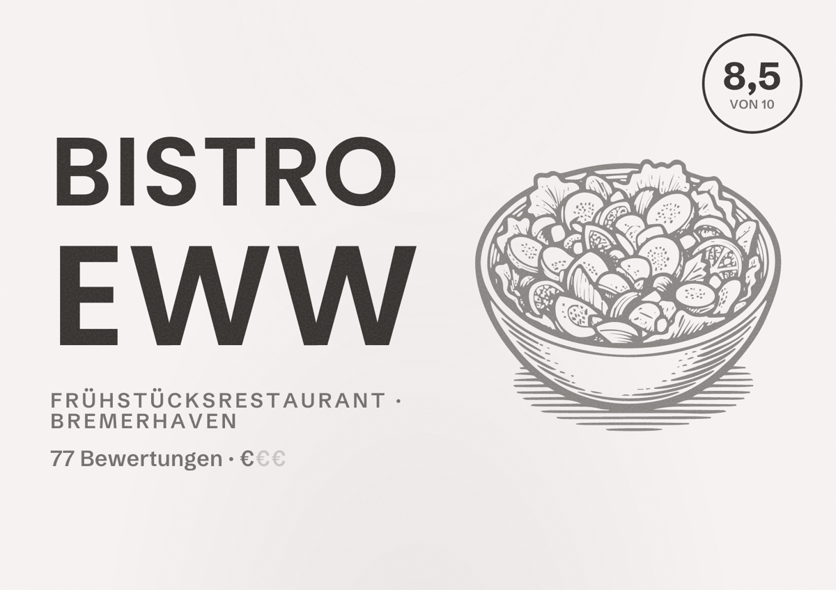 Illustriertes Poster von Bistro Eww, Frühstücksrestaurant in Bremerhaven: Bewertung 8,5 von 10 aus 77 Bewertungen, Preisniveau €