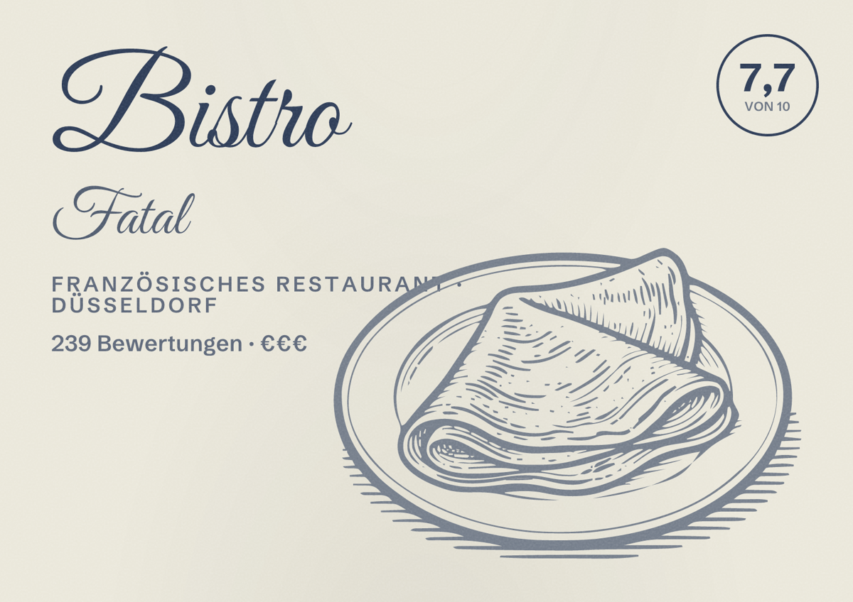 Illustriertes Poster von Bistro Fatal, Französisches Restaurant in Düsseldorf: Bewertung 7,7 von 10 aus 239 Bewertungen, Preisniveau €€€