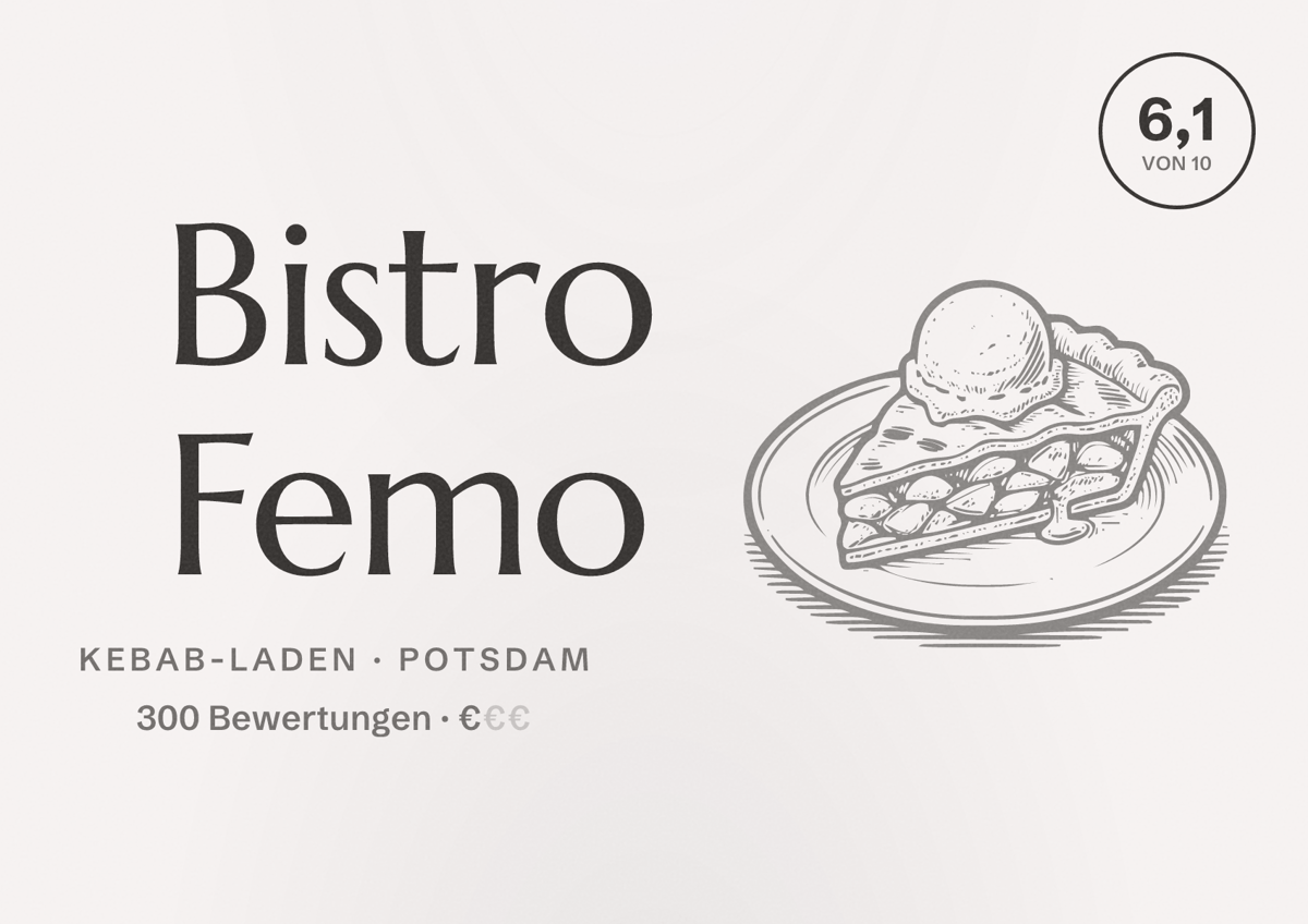 Illustriertes Poster von Bistro Femo, Kebab-Laden in Potsdam: Bewertung 6,1 von 10 aus 300 Bewertungen, Preisniveau €