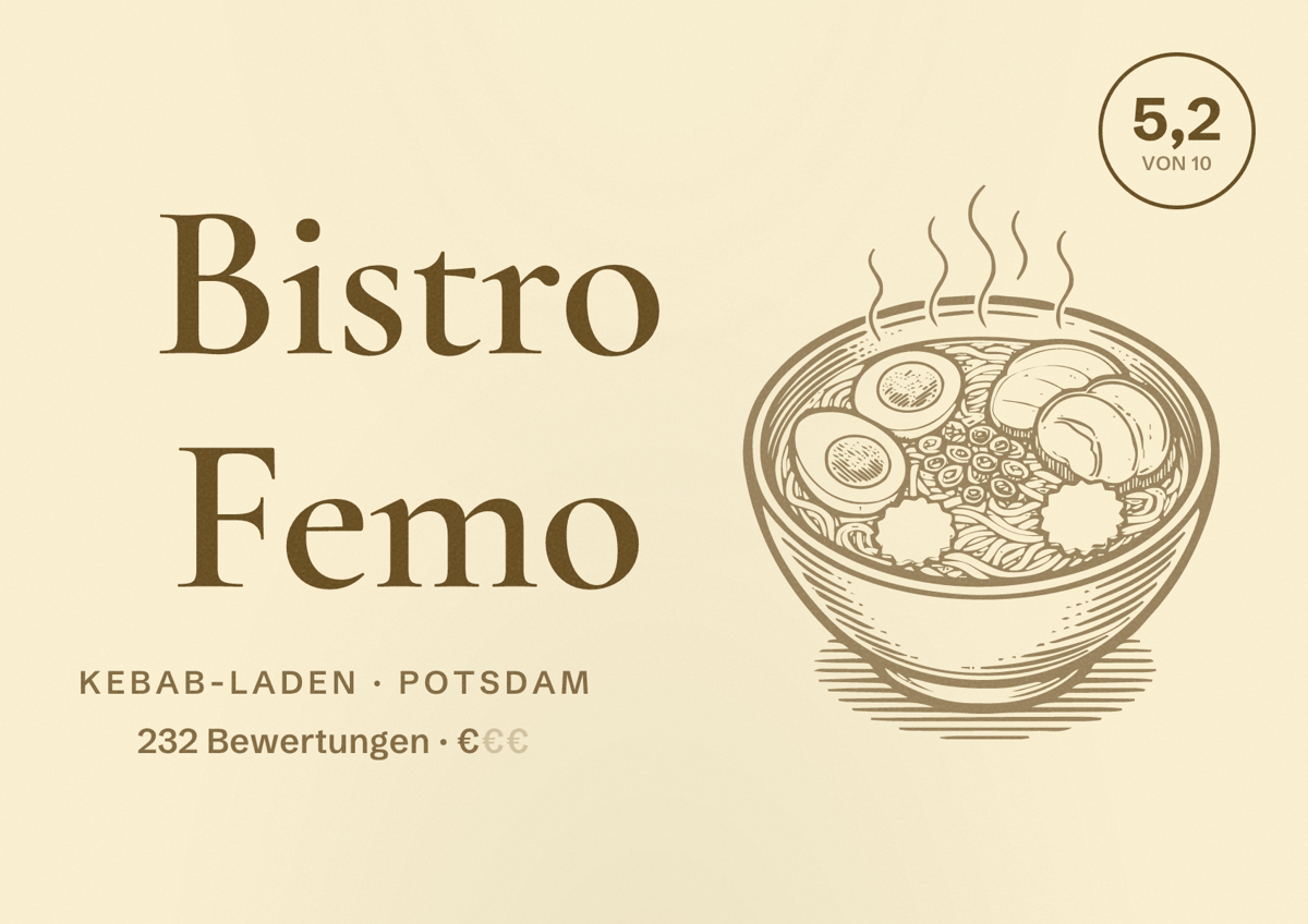 Illustriertes Poster von Bistro Femo, Kebab-Laden in Potsdam: Bewertung 5,2 von 10 aus 232 Bewertungen, Preisniveau €
