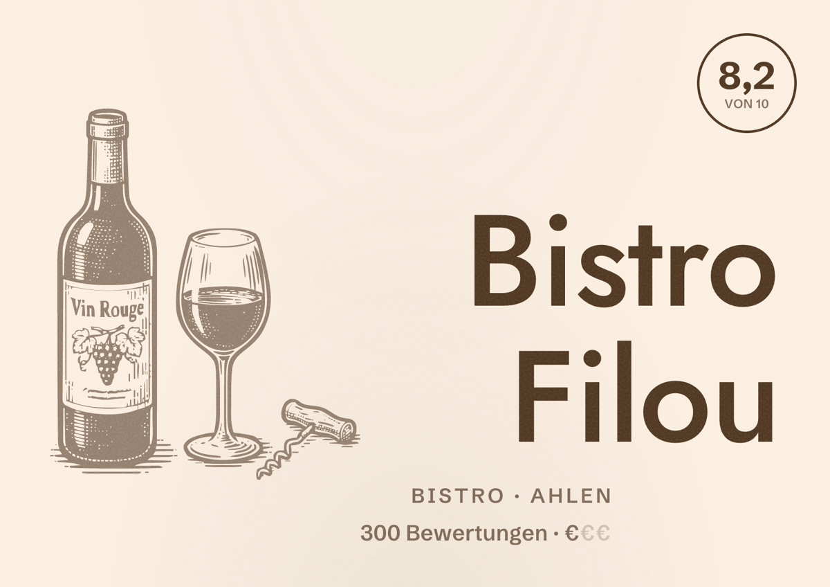 Illustriertes Poster von Bistro Filou, Bistro in Ahlen: Bewertung 8,2 von 10 aus 300 Bewertungen, Preisniveau €