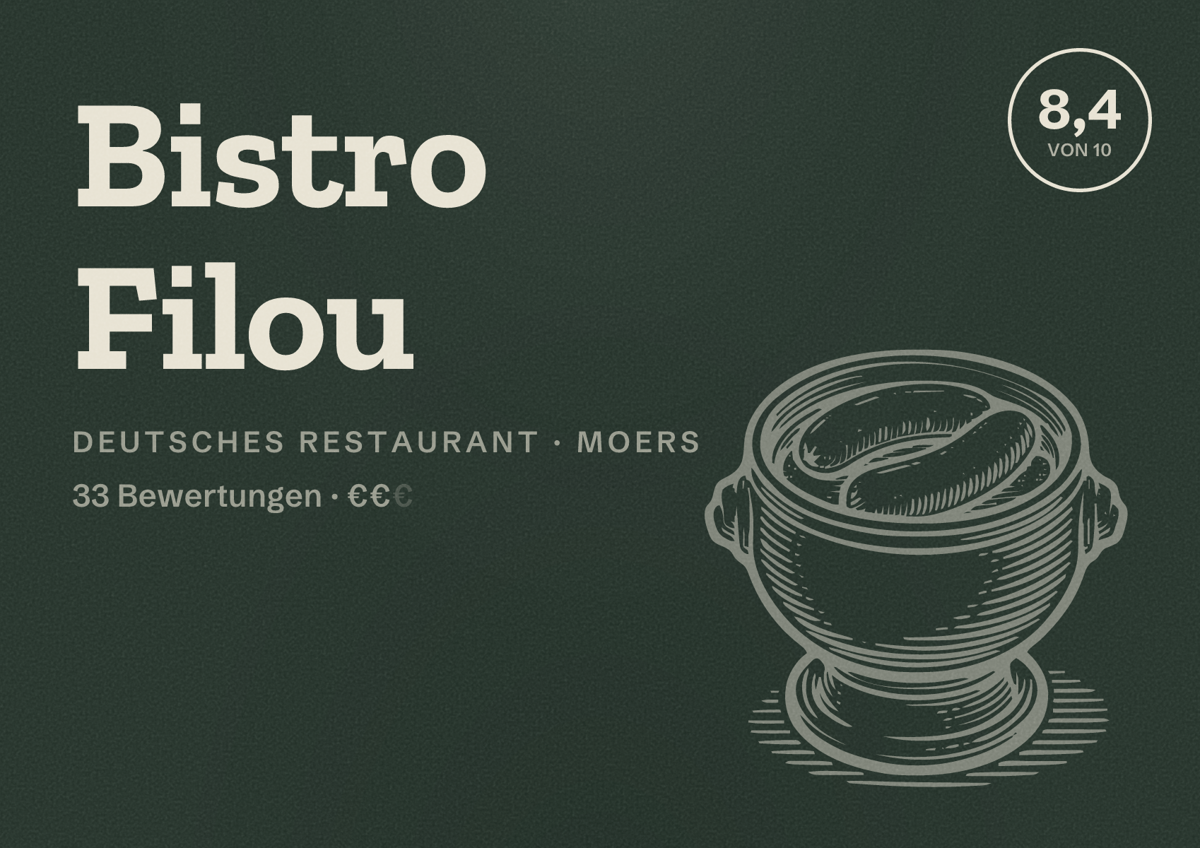 Illustriertes Poster von Bistro Filou, Deutsches Restaurant in Moers: Bewertung 8,4 von 10 aus 33 Bewertungen, Preisniveau €€