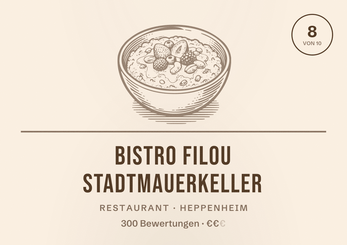 Illustriertes Poster von Bistro Filou Stadtmauerkeller, Restaurant in Heppenheim: Bewertung 8 von 10 aus 300 Bewertungen, Preisniveau €€