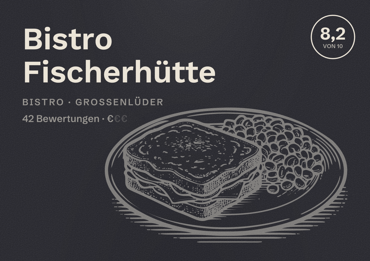 Illustriertes Poster von Bistro Fischerhütte, Bistro in Großenlüder: Bewertung 8,2 von 10 aus 42 Bewertungen, Preisniveau €