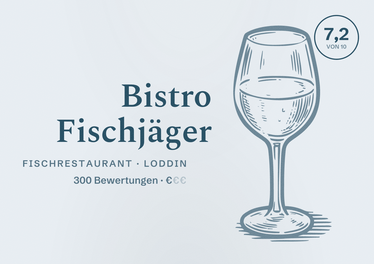 Illustriertes Poster von Bistro Fischjäger, Fischrestaurant in Loddin: Bewertung 7,2 von 10 aus 300 Bewertungen, Preisniveau €