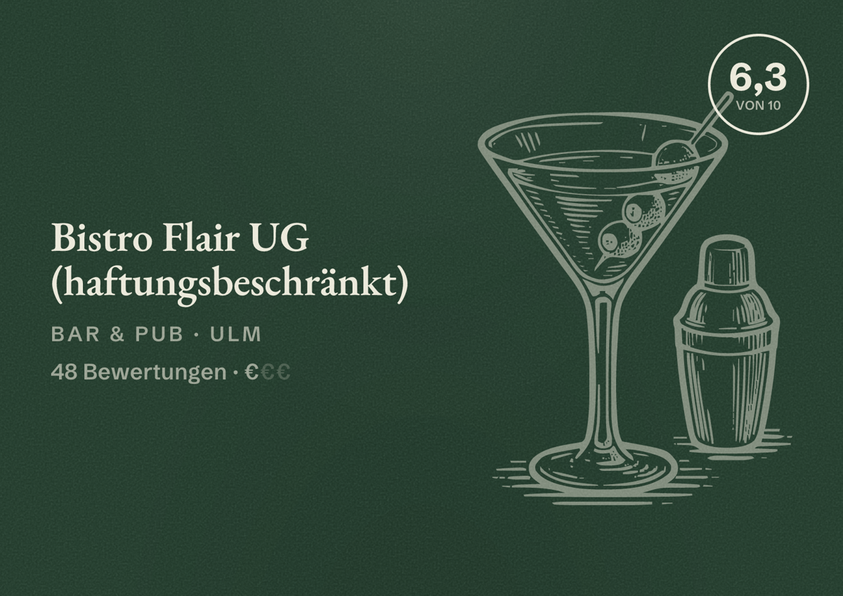 Illustriertes Poster von Bistro Flair UG (haftungsbeschränkt), Bar & Pub in Ulm: Bewertung 6,3 von 10 aus 48 Bewertungen, Preisniveau €