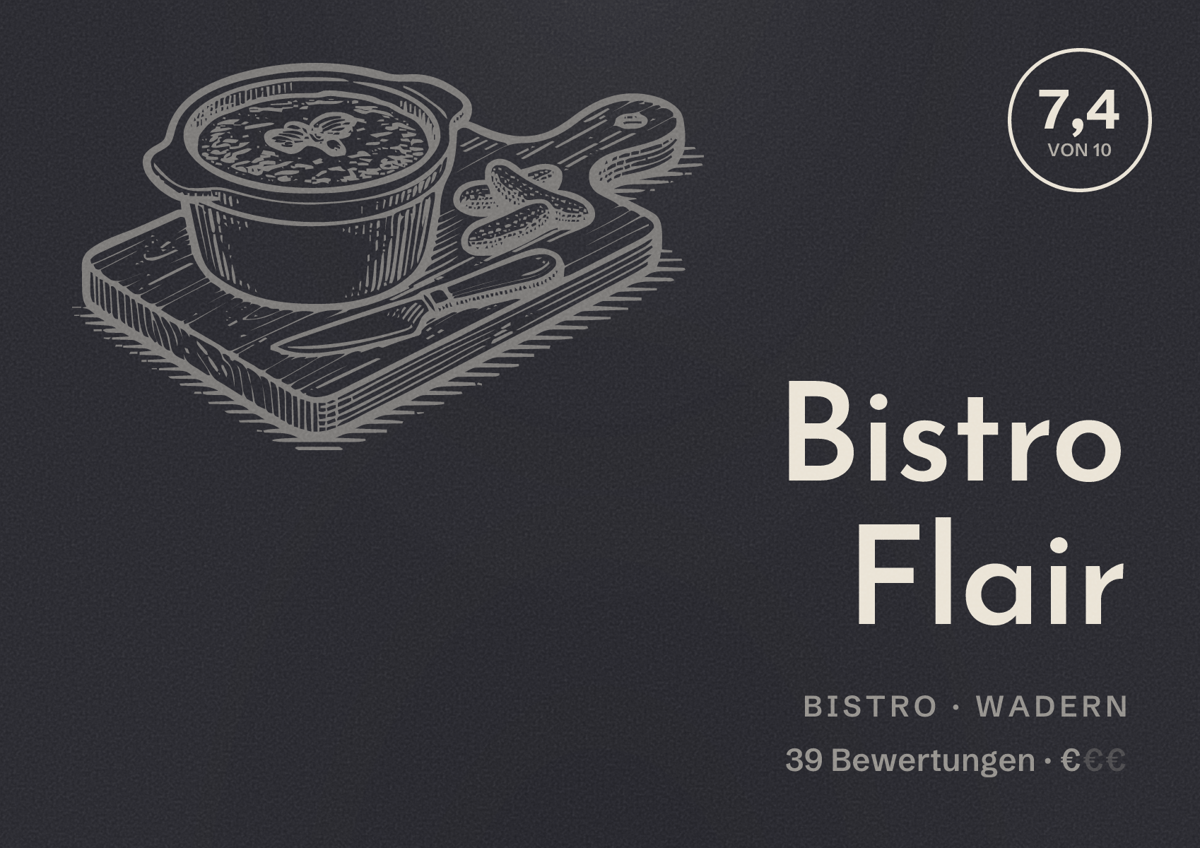 Illustriertes Poster von Bistro Flair, Bistro in Wadern: Bewertung 7,4 von 10 aus 39 Bewertungen, Preisniveau €