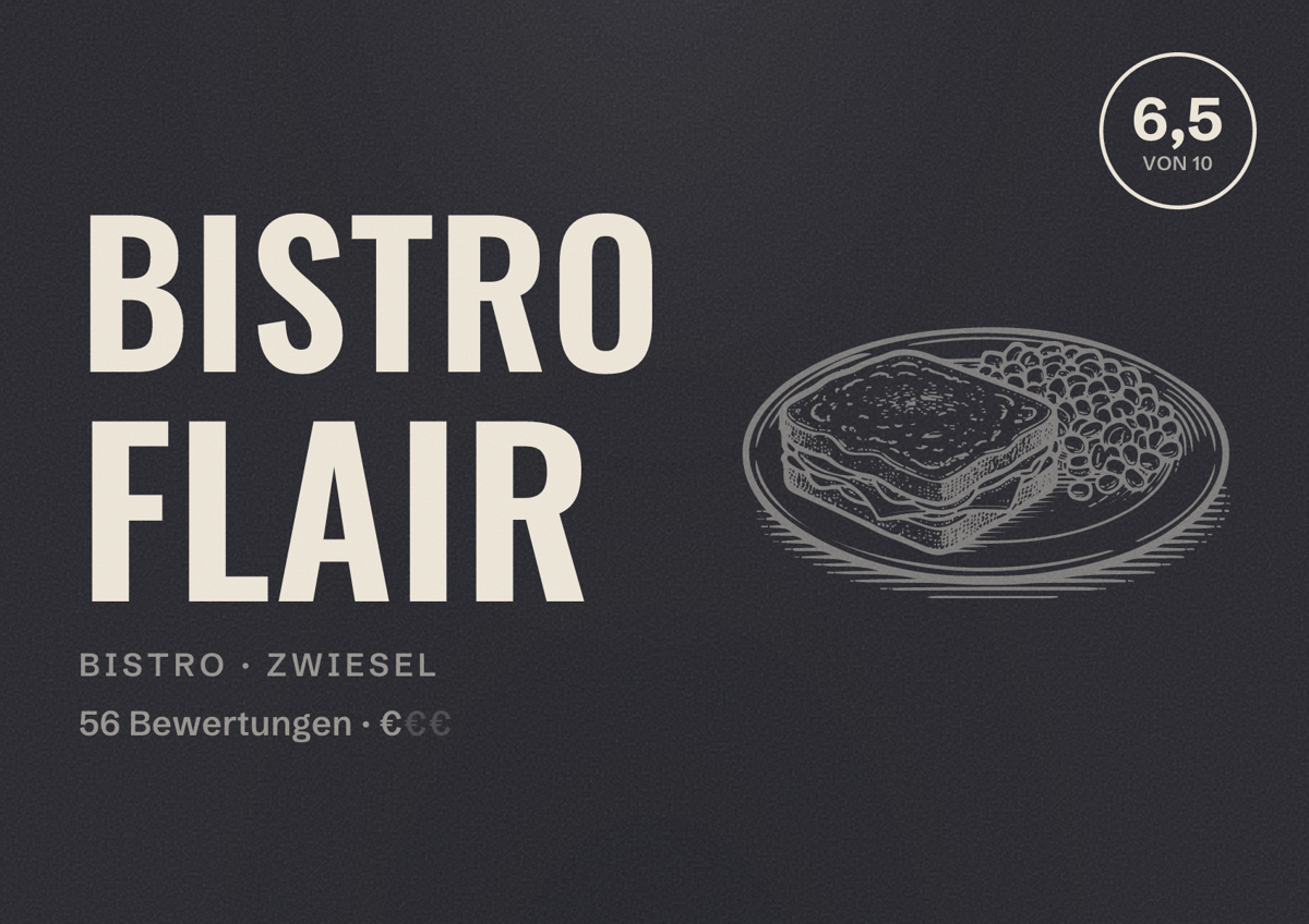 Illustriertes Poster von Bistro Flair, Bistro in Zwiesel: Bewertung 6,5 von 10 aus 56 Bewertungen, Preisniveau €