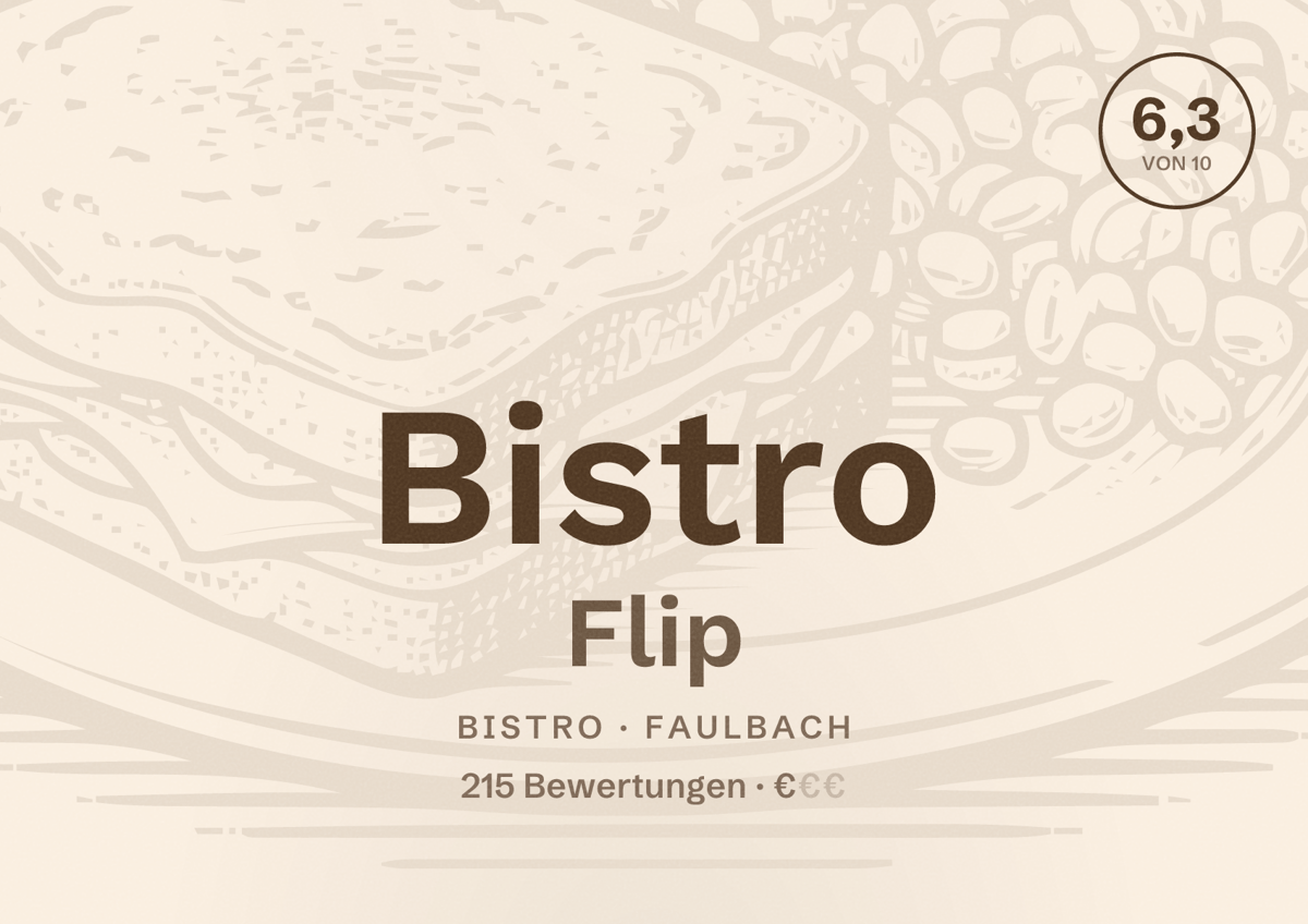 Illustriertes Poster von Bistro Flip, Bistro in Faulbach: Bewertung 6,3 von 10 aus 215 Bewertungen, Preisniveau €