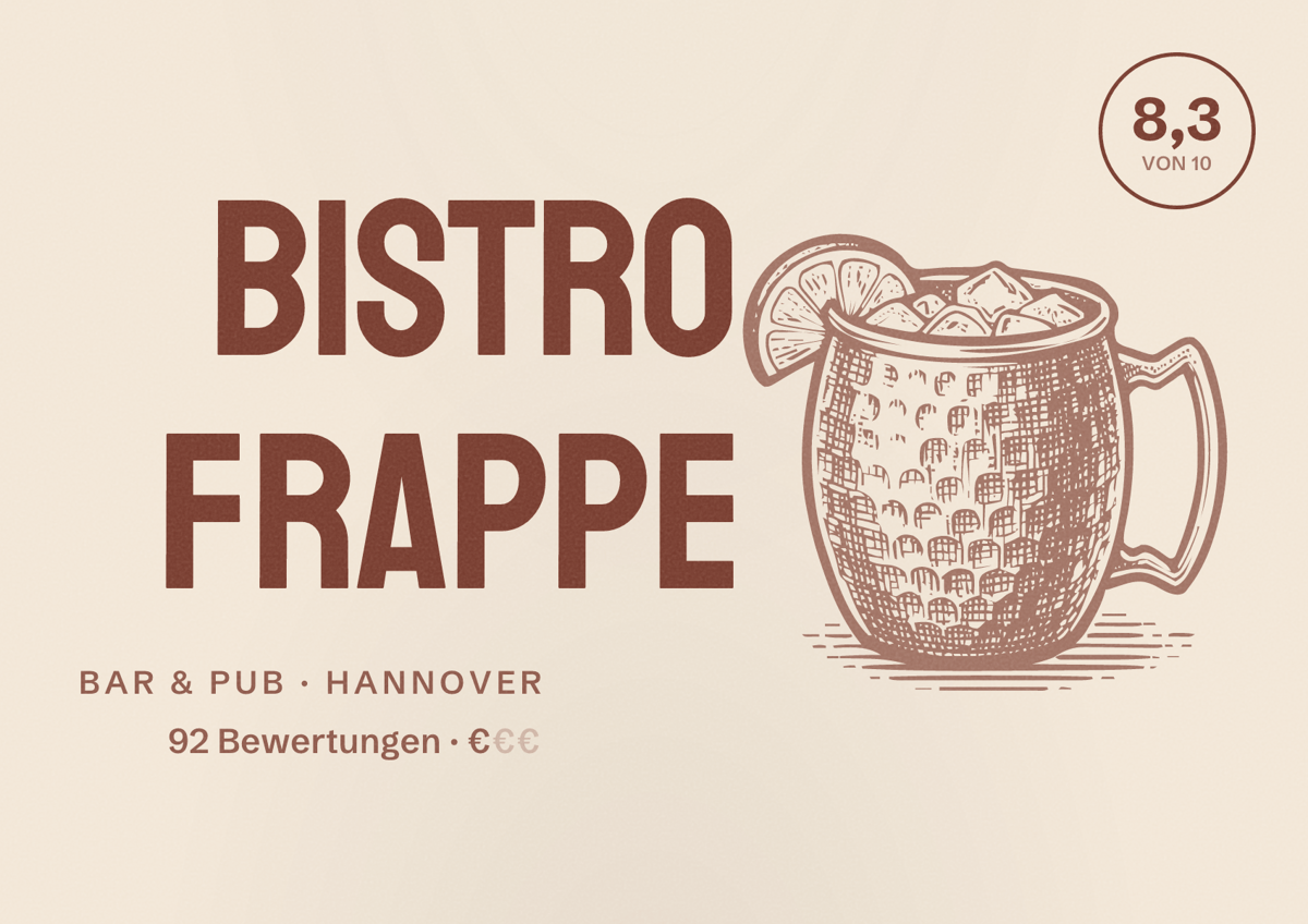 Illustriertes Poster von Bistro Frappe, Bar & Pub in Hannover: Bewertung 8,3 von 10 aus 92 Bewertungen, Preisniveau €