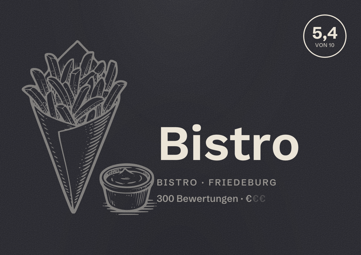 Illustriertes Poster von Bistro, Bistro in Friedeburg: Bewertung 5,4 von 10 aus 300 Bewertungen, Preisniveau €
