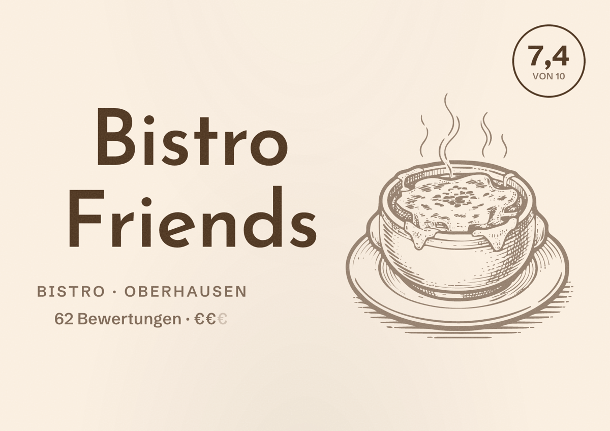 Illustriertes Poster von Bistro Friends, Bistro in Oberhausen: Bewertung 7,4 von 10 aus 62 Bewertungen, Preisniveau €€
