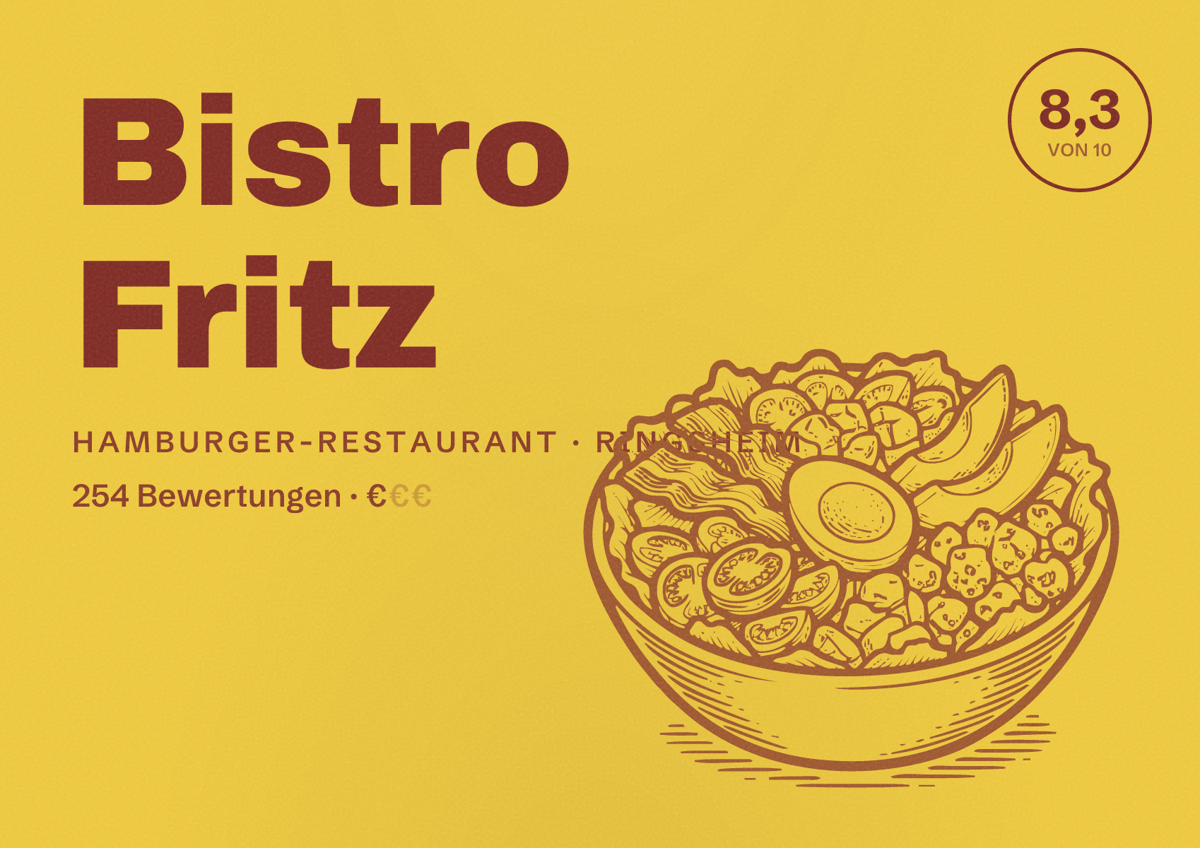 Illustriertes Poster von Bistro Fritz, Hamburger-Restaurant in Ringsheim: Bewertung 8,3 von 10 aus 254 Bewertungen, Preisniveau €