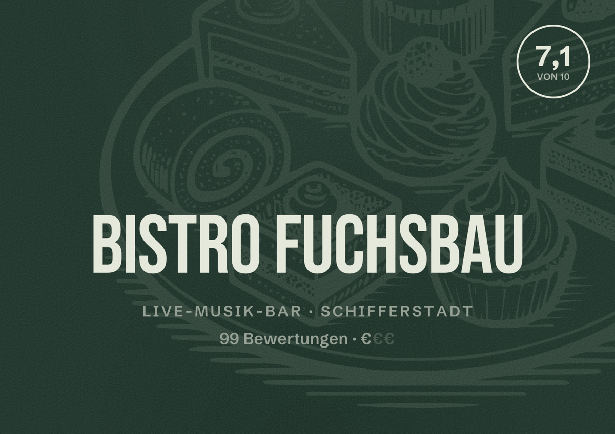 Illustriertes Poster von Bistro Fuchsbau, Live-Musik-Bar in Schifferstadt: Bewertung 7,1 von 10 aus 99 Bewertungen, Preisniveau €