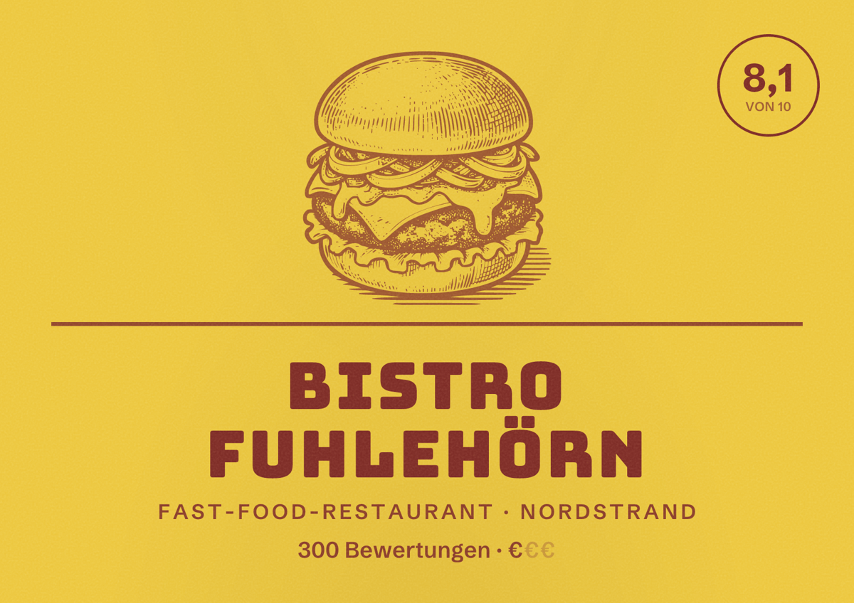 Illustriertes Poster von Bistro Fuhlehörn, Fast-Food-Restaurant in Nordstrand: Bewertung 8,1 von 10 aus 300 Bewertungen, Preisniveau €