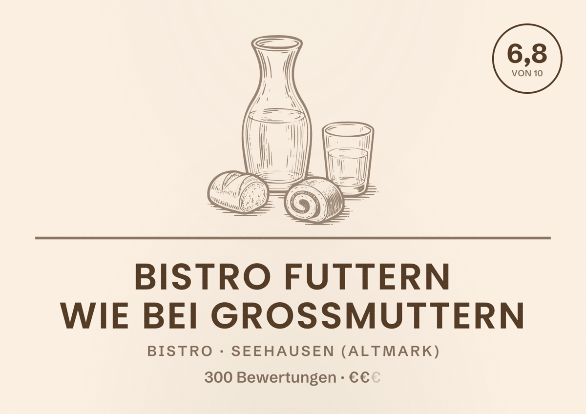 Illustriertes Poster von Bistro Futtern wie bei Großmuttern, Bistro in Seehausen (Altmark): Bewertung 6,8 von 10 aus 300 Bewertungen, Preisniveau €€