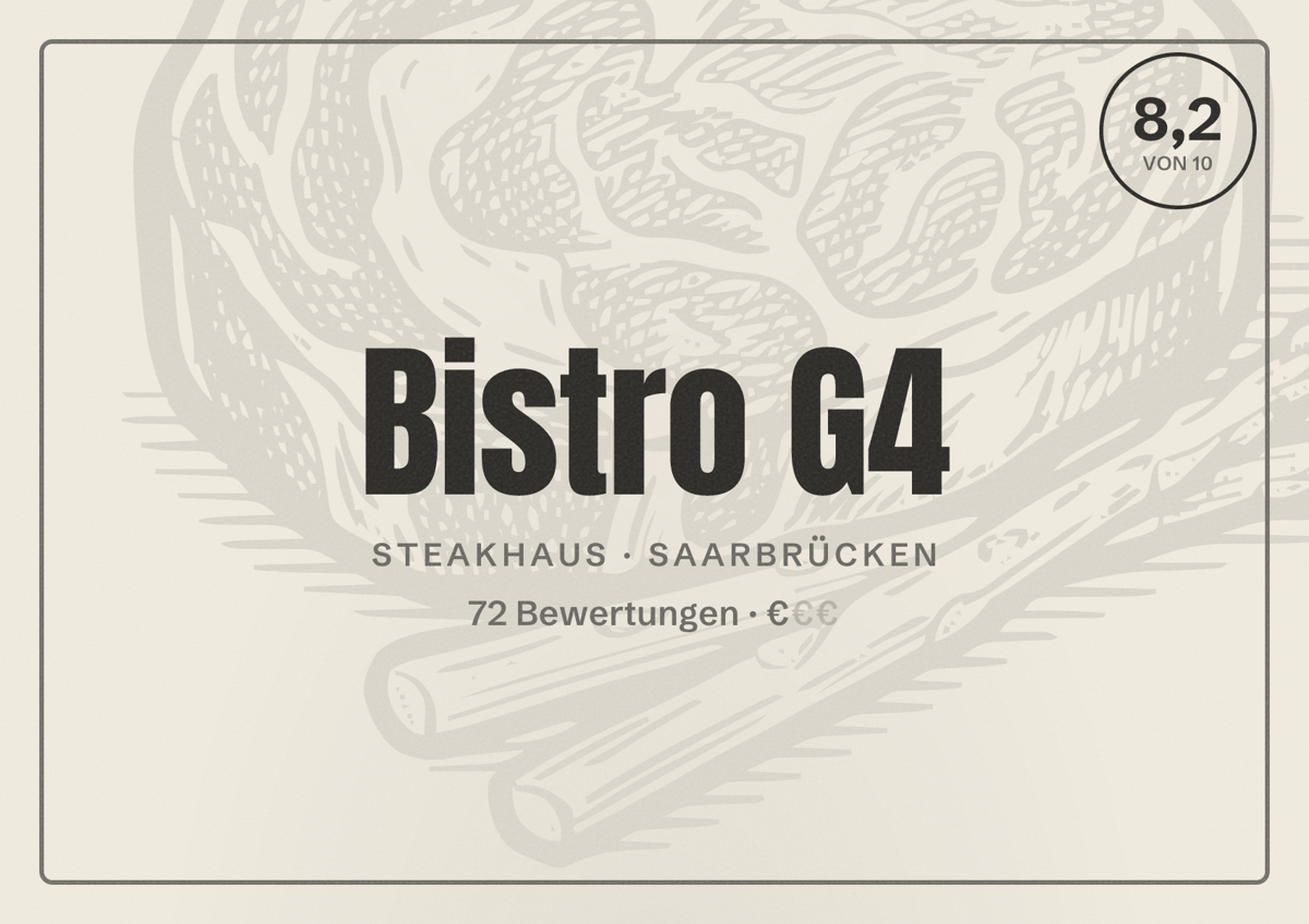 Illustriertes Poster von Bistro G4, Steakhaus in Saarbrücken: Bewertung 8,2 von 10 aus 72 Bewertungen, Preisniveau €
