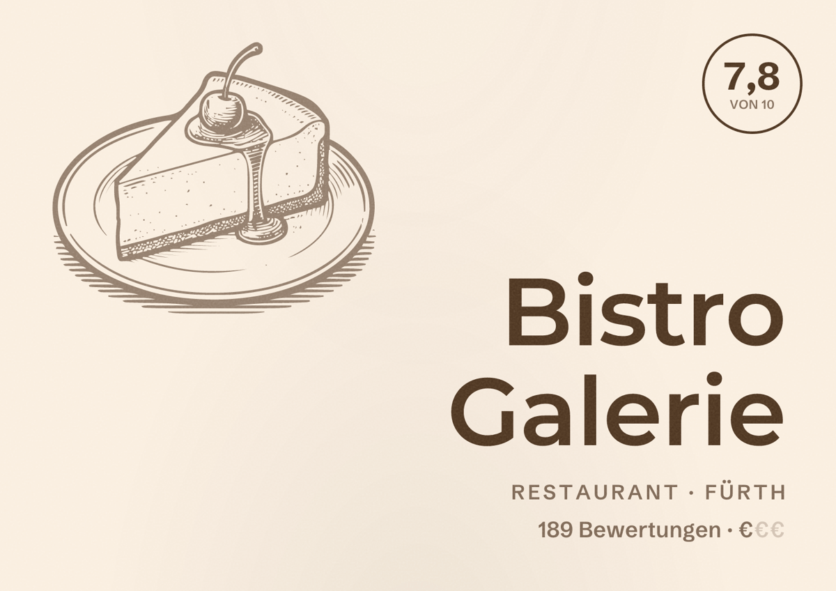 Illustriertes Poster von Bistro Galerie, Restaurant in Fürth: Bewertung 7,8 von 10 aus 189 Bewertungen, Preisniveau €
