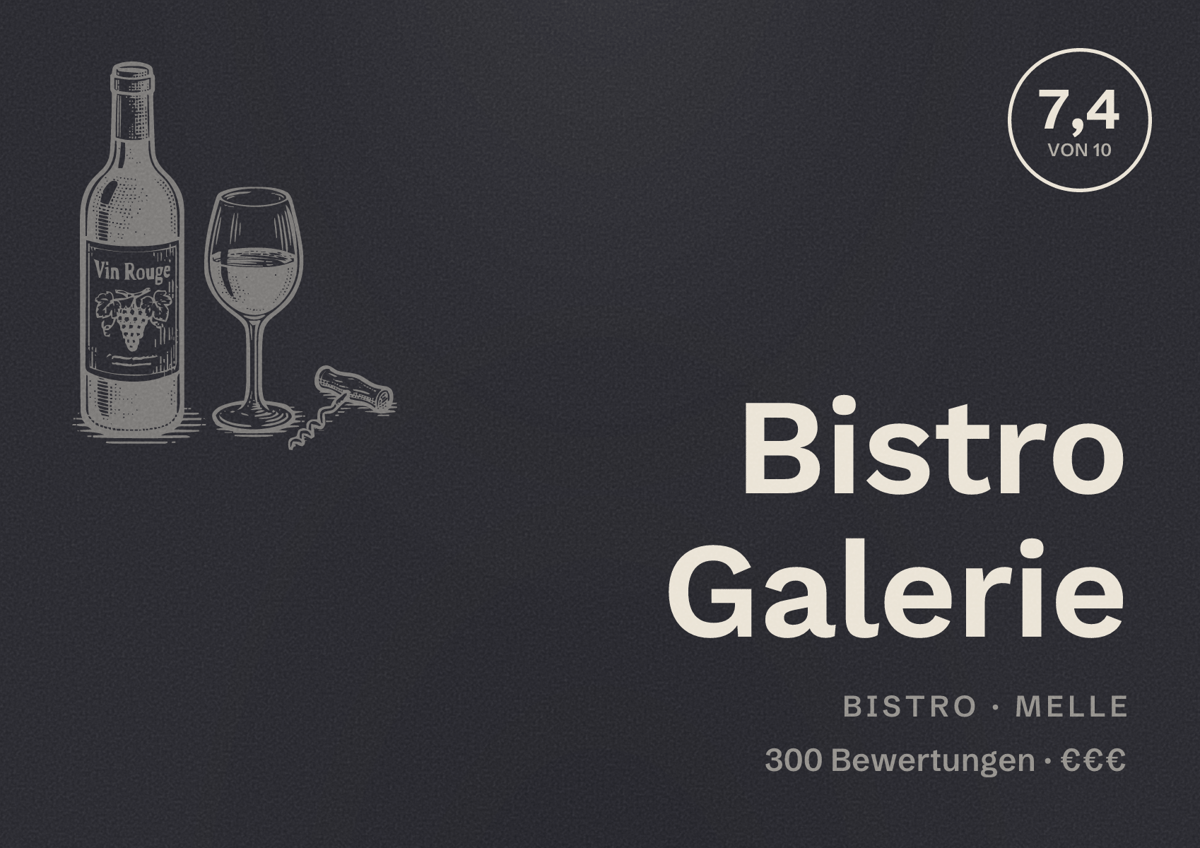 Illustriertes Poster von Bistro Galerie, Bistro in Melle: Bewertung 7,4 von 10 aus 300 Bewertungen, Preisniveau €€€