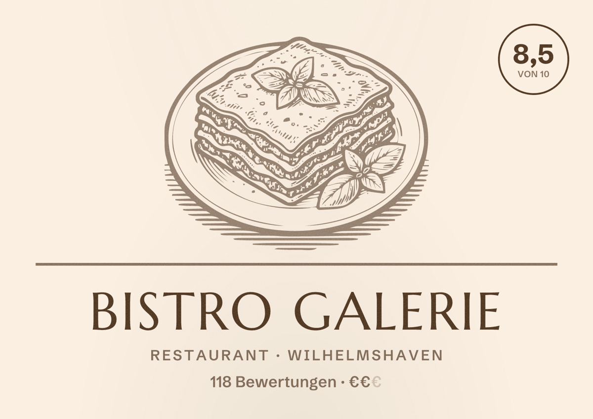 Illustriertes Poster von Bistro Galerie, Restaurant in Wilhelmshaven: Bewertung 8,5 von 10 aus 118 Bewertungen, Preisniveau €€