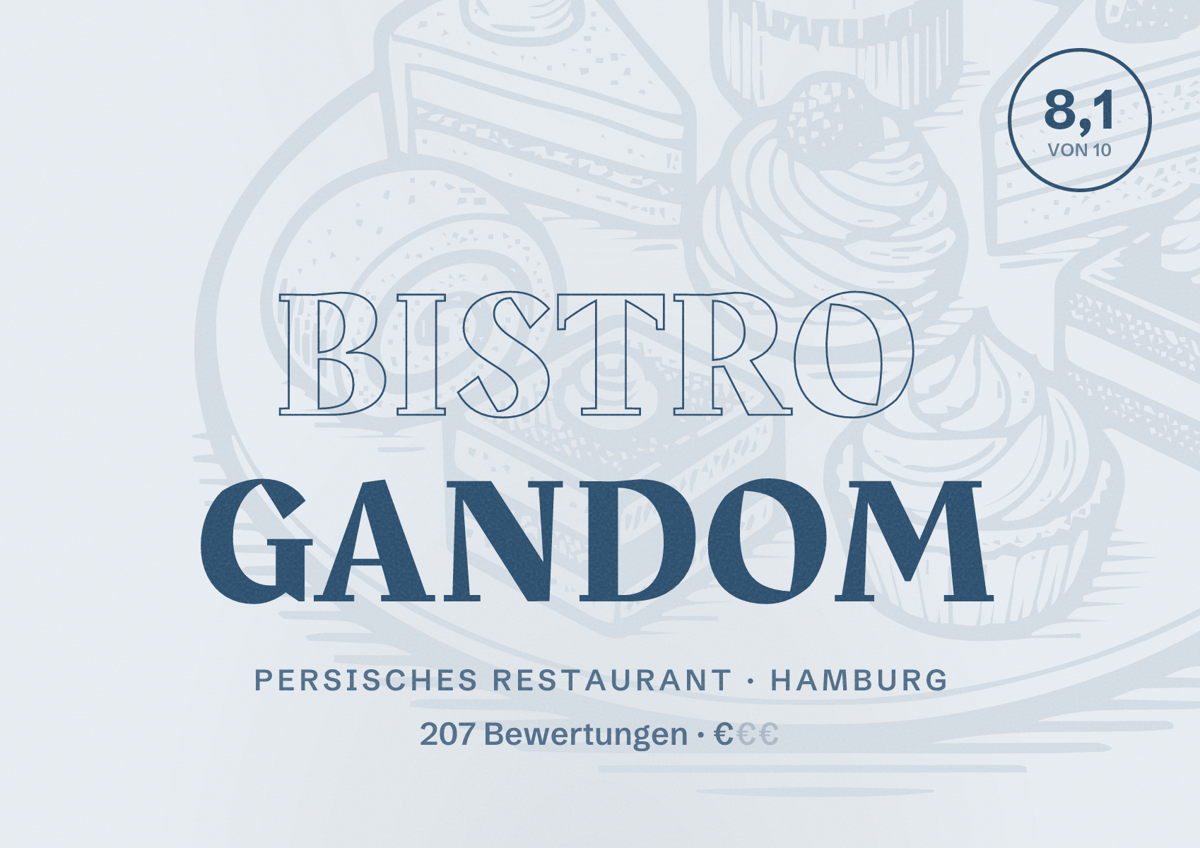 Illustriertes Poster von Bistro Gandom, Persisches Restaurant in Hamburg: Bewertung 8,1 von 10 aus 207 Bewertungen, Preisniveau €