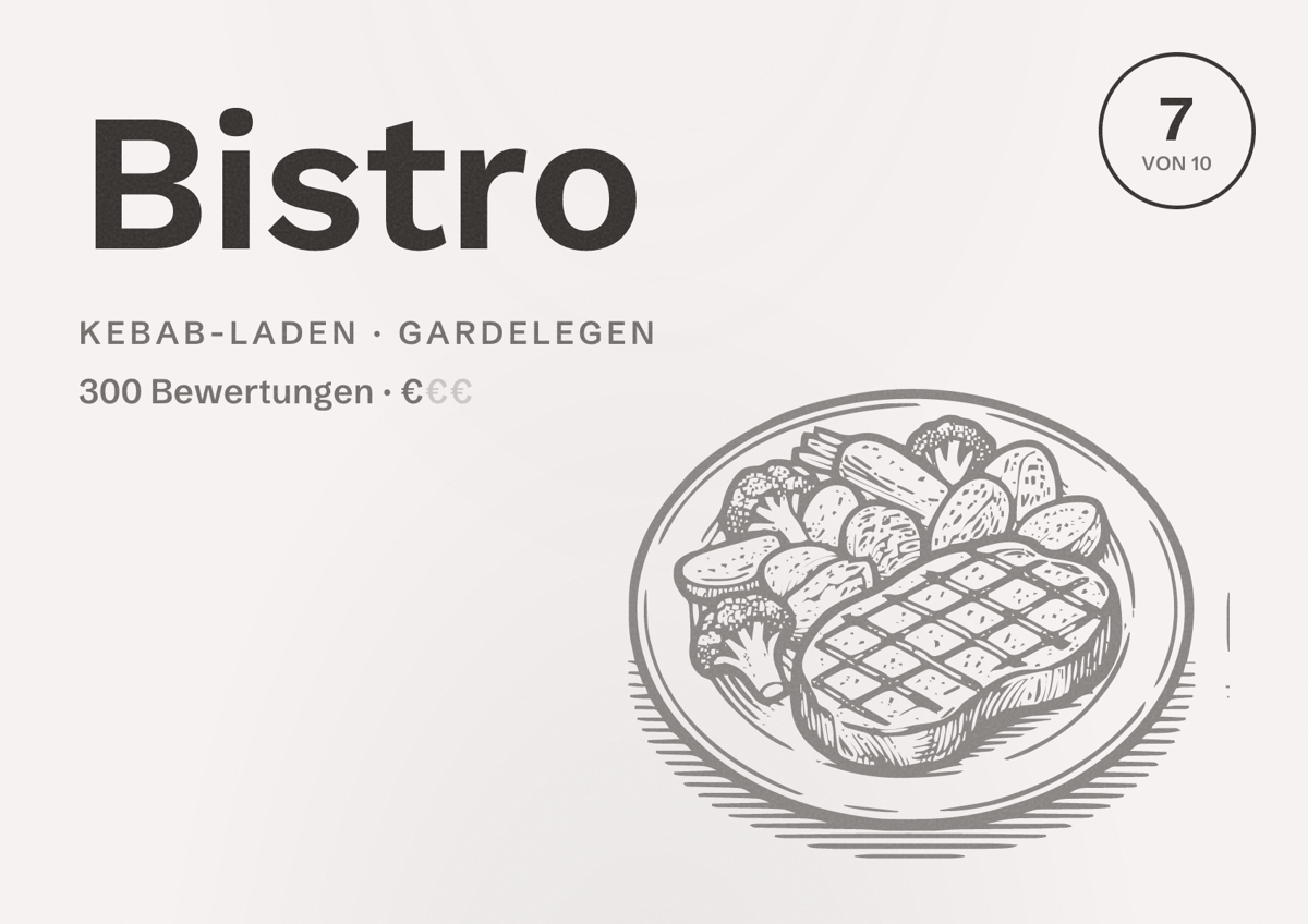 Illustriertes Poster von Bistro, Kebab-Laden in Gardelegen: Bewertung 7 von 10 aus 300 Bewertungen, Preisniveau €