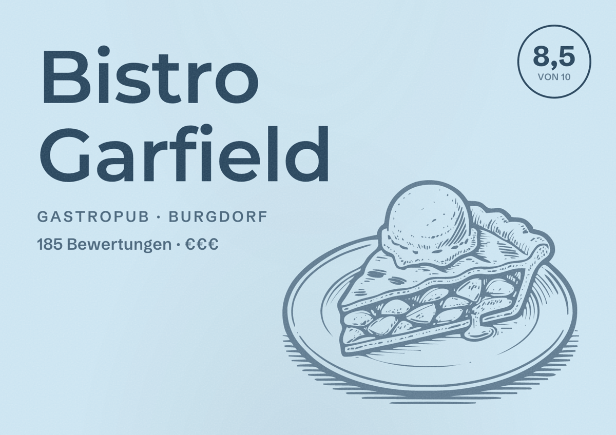 Illustriertes Poster von Bistro Garfield, Gastropub in Burgdorf: Bewertung 8,5 von 10 aus 185 Bewertungen, Preisniveau €€€