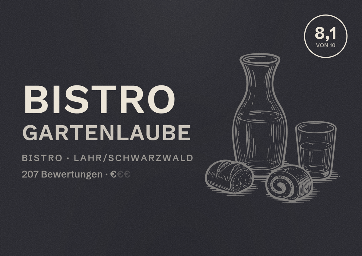 Illustriertes Poster von Bistro Gartenlaube, Bistro in Lahr/Schwarzwald: Bewertung 8,1 von 10 aus 207 Bewertungen, Preisniveau €