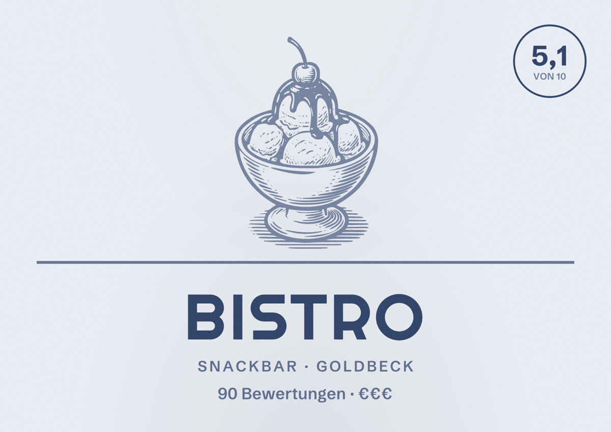 Illustriertes Poster von Bistro, Snackbar in Goldbeck: Bewertung 5,1 von 10 aus 90 Bewertungen, Preisniveau €€€