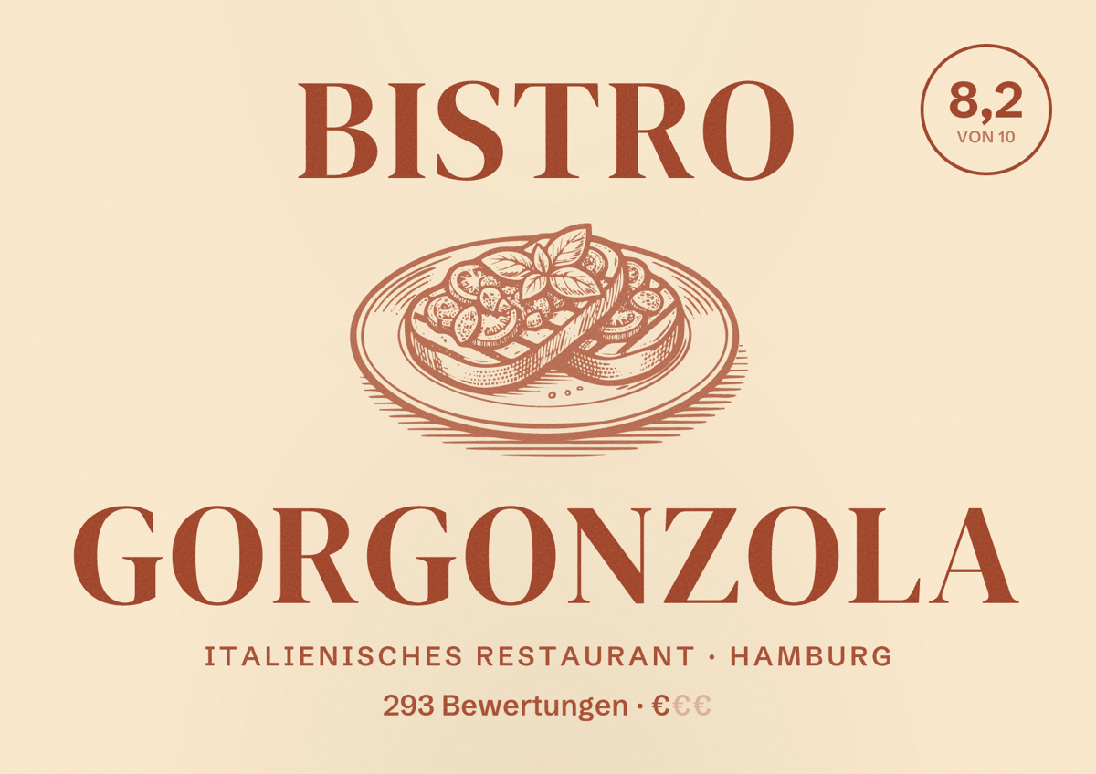 Illustriertes Poster von Bistro Gorgonzola, Italienisches Restaurant in Hamburg: Bewertung 8,2 von 10 aus 293 Bewertungen, Preisniveau €