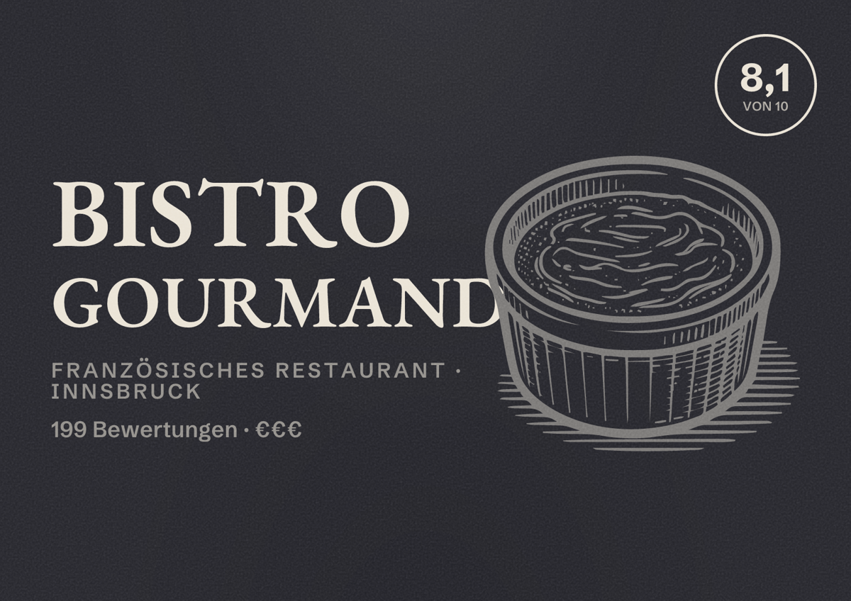 Illustriertes Poster von Bistro Gourmand, Französisches Restaurant in Innsbruck: Bewertung 8,1 von 10 aus 199 Bewertungen, Preisniveau €€€