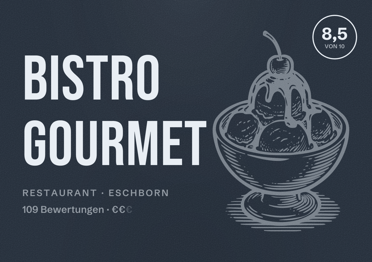 Illustriertes Poster von Bistro Gourmet, Restaurant in Eschborn: Bewertung 8,5 von 10 aus 109 Bewertungen, Preisniveau €€