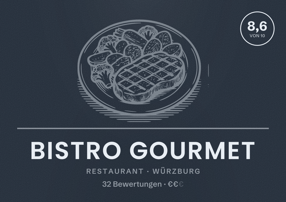 Illustriertes Poster von Bistro Gourmet, Restaurant in Würzburg: Bewertung 8,6 von 10 aus 32 Bewertungen, Preisniveau €€