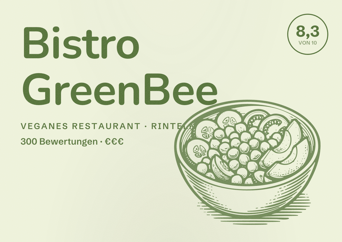 Illustriertes Poster von Bistro GreenBee, Veganes Restaurant in Rinteln: Bewertung 8,3 von 10 aus 300 Bewertungen, Preisniveau €€€