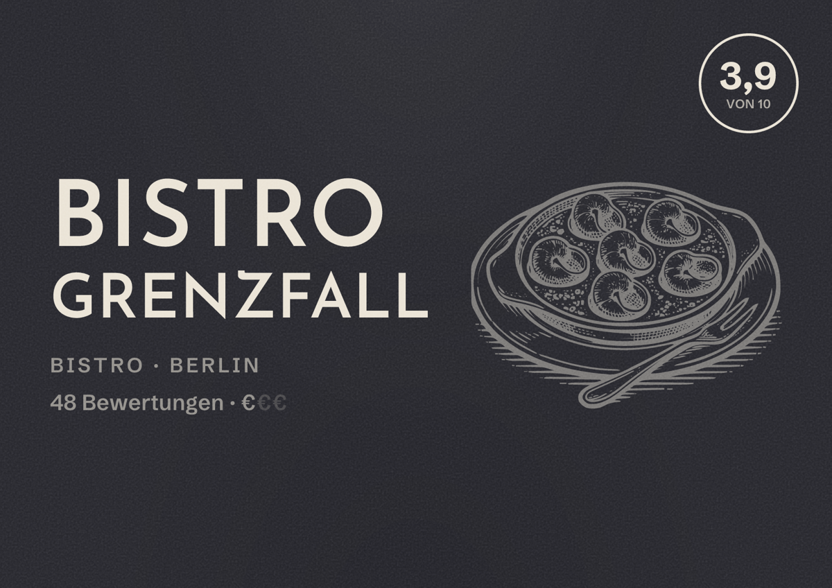 Illustriertes Poster von Bistro Grenzfall, Bistro in Berlin: Bewertung 3,9 von 10 aus 48 Bewertungen, Preisniveau €