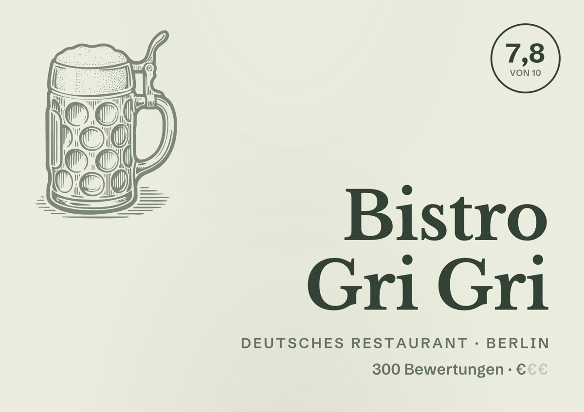Illustriertes Poster von Bistro Gri Gri, Deutsches Restaurant in Berlin: Bewertung 7,8 von 10 aus 300 Bewertungen, Preisniveau €