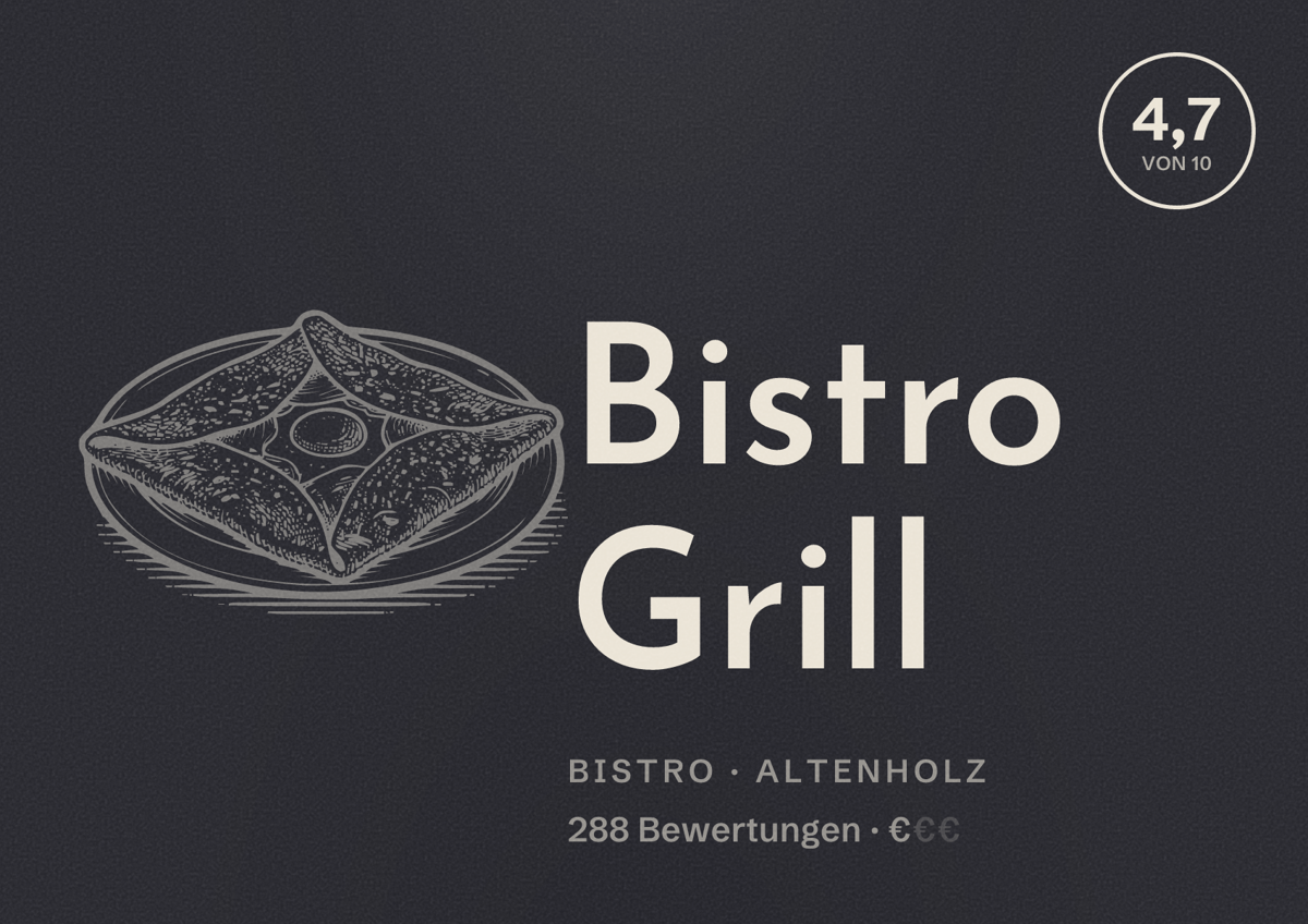 Illustriertes Poster von Bistro Grill, Bistro in Altenholz: Bewertung 4,7 von 10 aus 288 Bewertungen, Preisniveau €