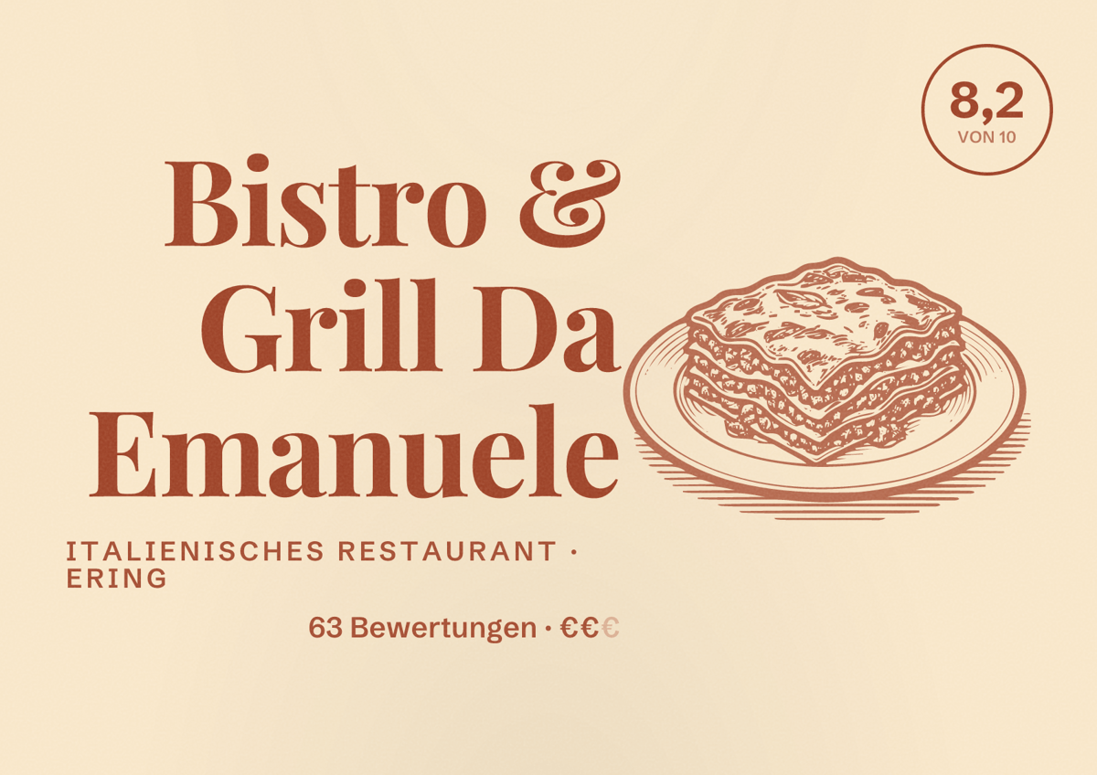 Illustriertes Poster von Bistro & Grill Da Emanuele, Italienisches Restaurant in Ering: Bewertung 8,2 von 10 aus 63 Bewertungen, Preisniveau €€