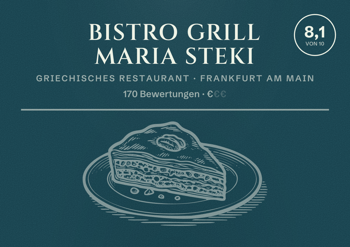 Illustriertes Poster von Bistro Grill Maria Steki, Griechisches Restaurant in Frankfurt am Main: Bewertung 8,1 von 10 aus 170 Bewertungen, Preisniveau €
