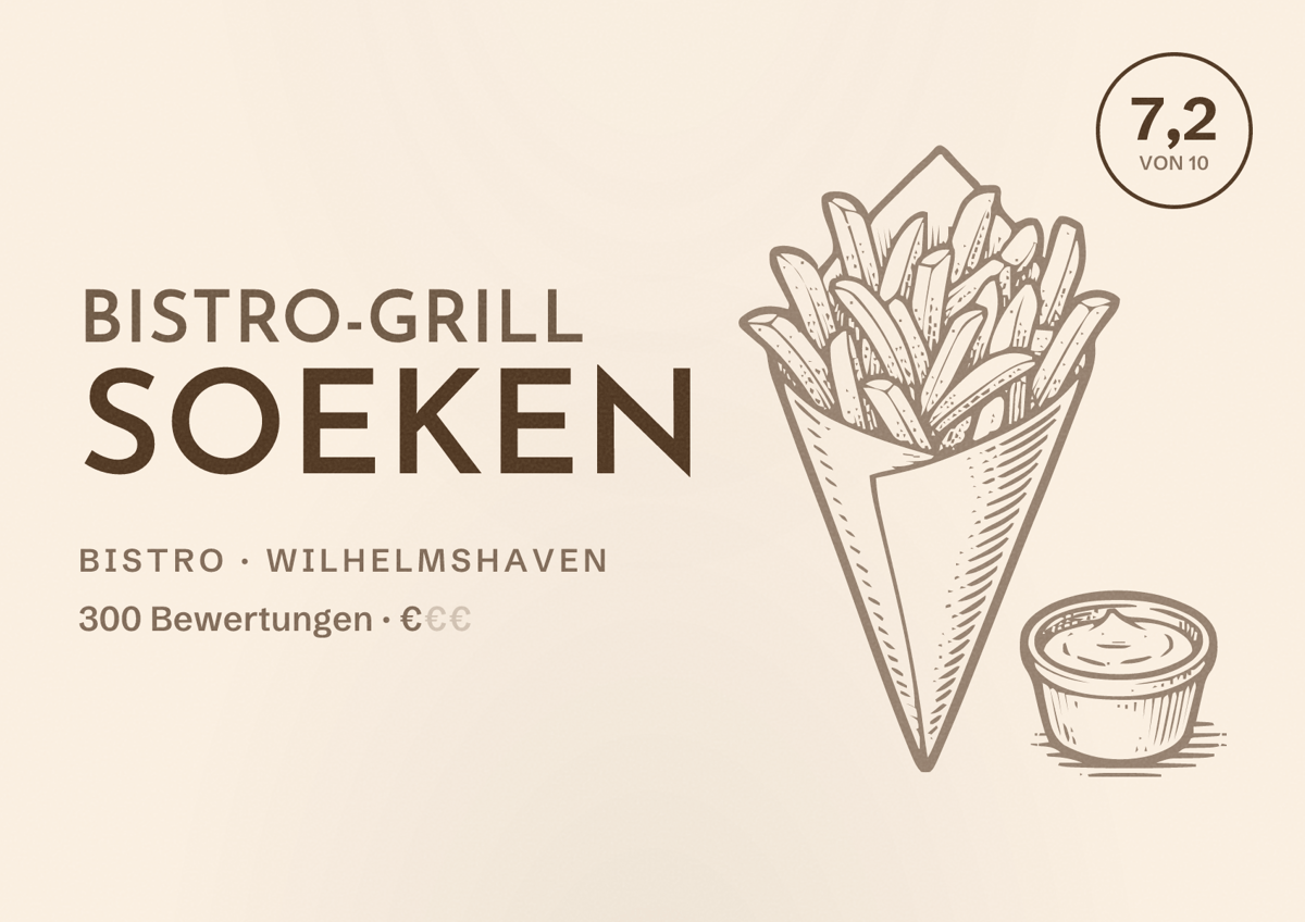 Illustriertes Poster von Bistro-Grill Soeken, Bistro in Wilhelmshaven: Bewertung 7,2 von 10 aus 300 Bewertungen, Preisniveau €