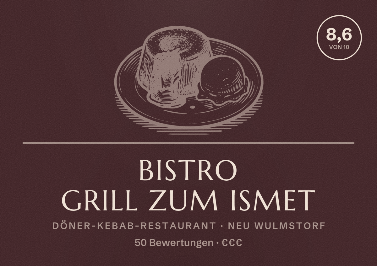 Illustriertes Poster von Bistro Grill zum Ismet, Döner-Kebab-Restaurant in Neu Wulmstorf: Bewertung 8,6 von 10 aus 50 Bewertungen, Preisniveau €€€