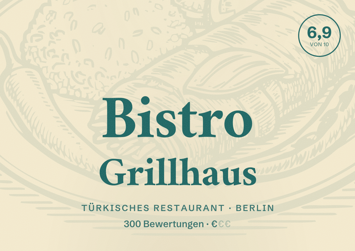 Illustriertes Poster von Bistro Grillhaus, Türkisches Restaurant in Berlin: Bewertung 6,9 von 10 aus 300 Bewertungen, Preisniveau €